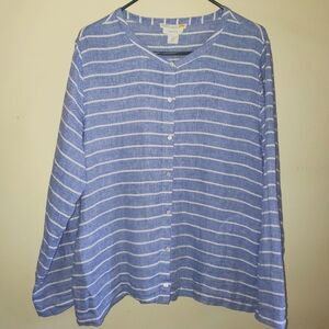 C&C California Blue White Linen Long Sleeve Button Top Blouse Pockets XL